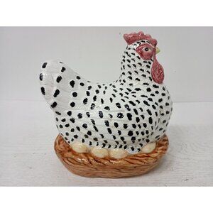 VTG 1996 Chicken On Nest Basket Figurine Large Ceramic Chick Eggs Farmhouse Rare